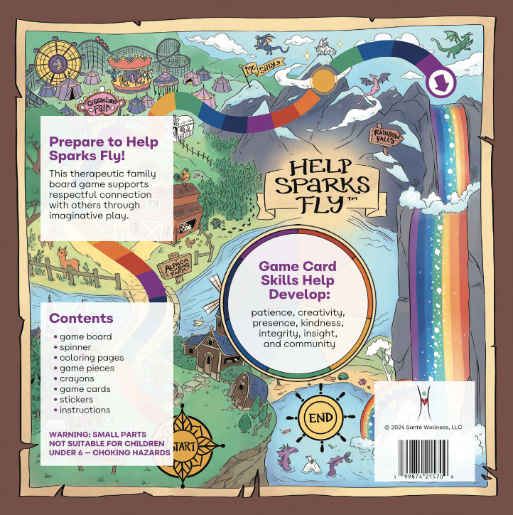 Board game box bottom featuring contents of the box and features of game play