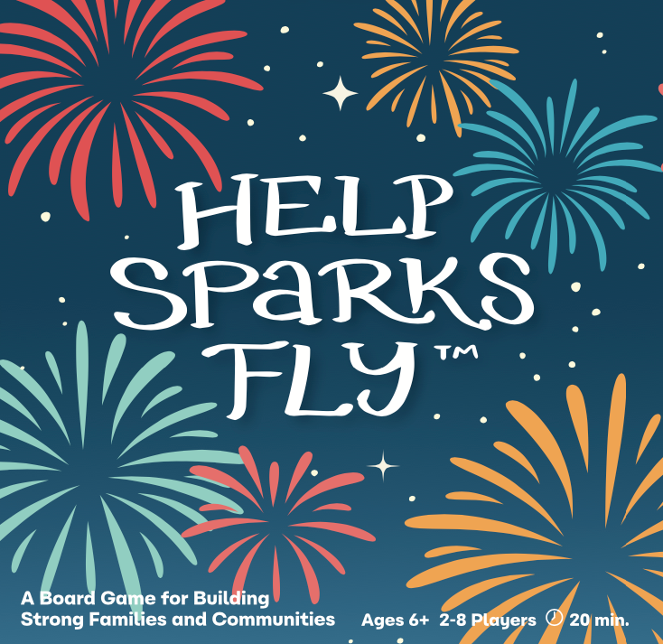 Board game box cover with colorful fireworks and text 'Help Sparks Fly' on a dark blue background.