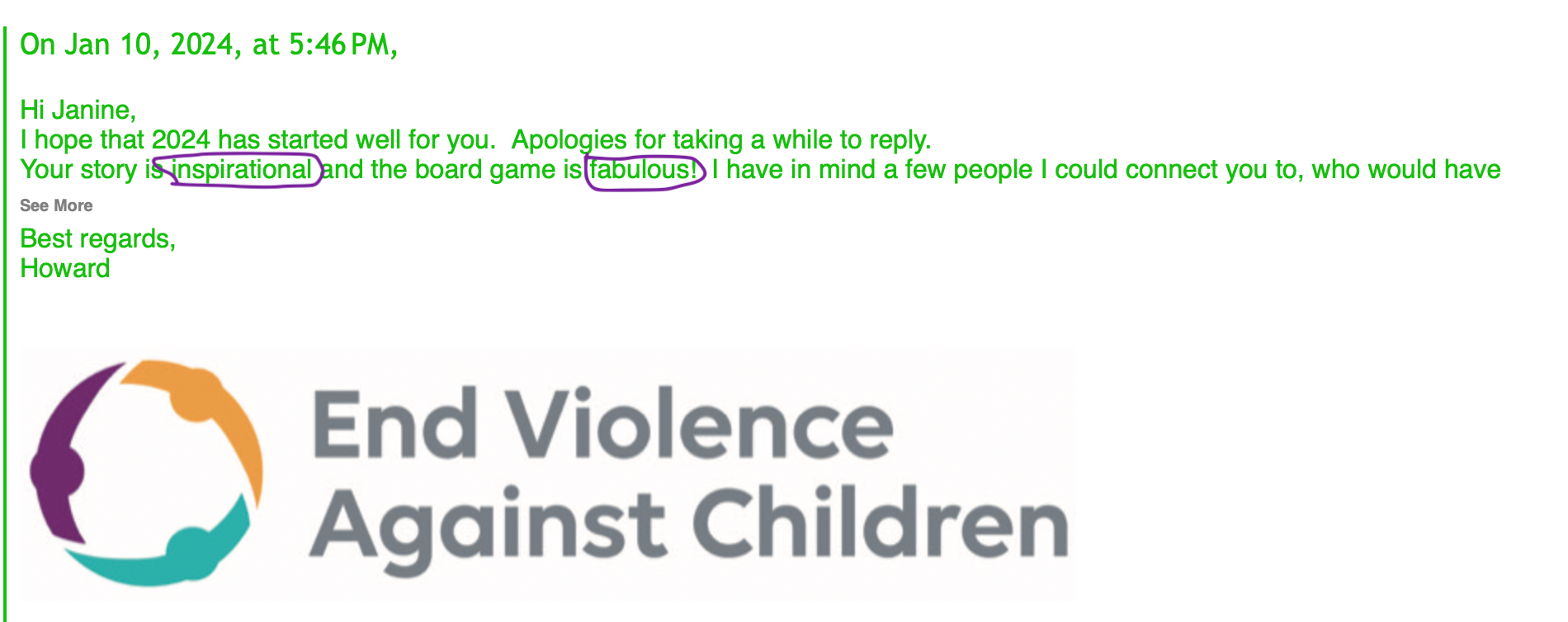 Former lead spokesman for End Violence Against Children Howard Taylor was very excited for this resource when we reached out to him in late 2023 during clinical testing.